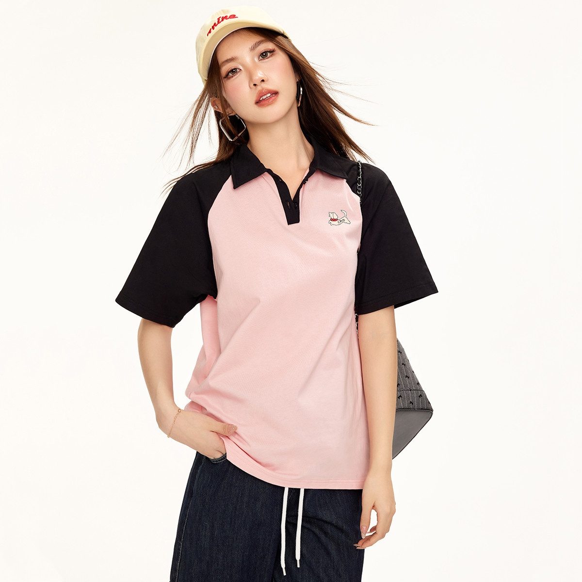 13714100.CHOCOOLATE撞色拼接翻领polo衫夏季翻领短袖t恤衫