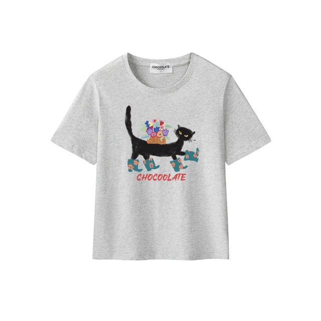 13714110.CHOCOOLATE夏季小猫印花圆领短袖t恤休闲学生减龄上衣