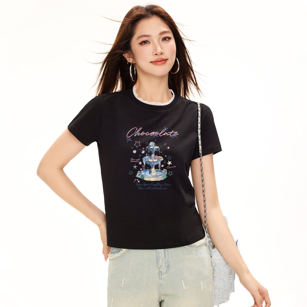 13714132.CHOCOOLATE少女印花花边拼接圆领短袖t恤夏季女式上衣