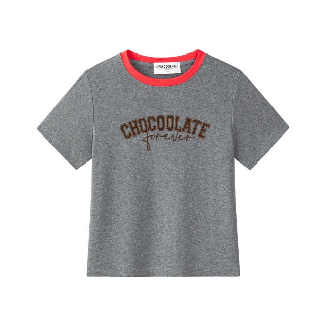 13714640.CHOCOOLATE字母印花撞色领短袖t恤夏季小个子短款上衣
