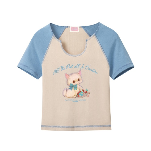 13714579.it ccaabb女装甜美可爱风小猫印花短袖t恤夏季低领上衣
