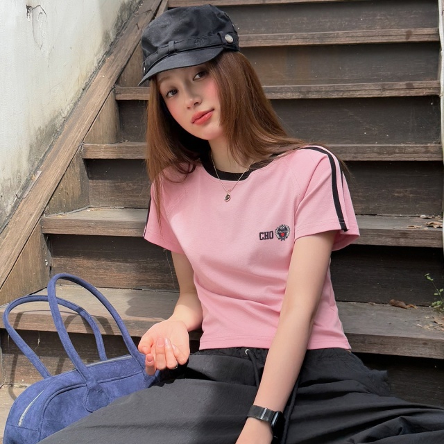 13714632.CHOCOOLATE小清新短袖t恤夏季纯欲辣妹插肩袖短款上衣