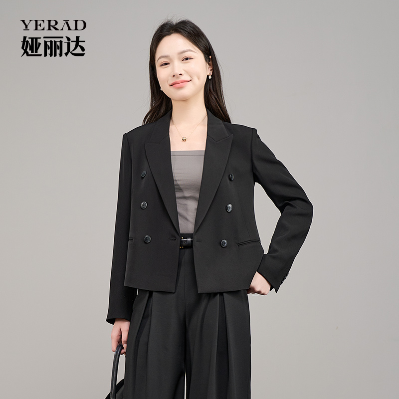 13143162.【娅丽达】通勤双排扣米色短款西装外套女上衣小个子休闲西服