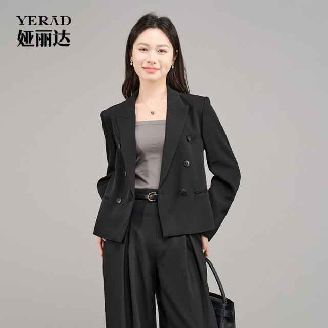 13143162.【娅丽达】通勤双排扣米色短款西装外套女上衣小个子休闲西服