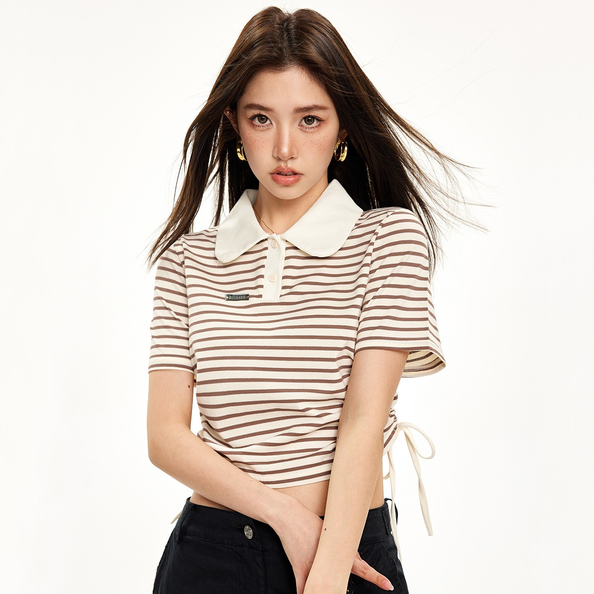 13714521.it ccaabb翻领polo衫条纹短袖t恤夏季甜美短款上衣