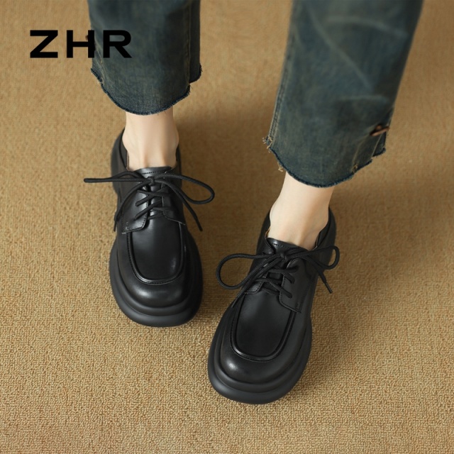 13145273.【ZHR则则】深口单鞋圆头系带厚底女鞋[牛剖层移膜革]