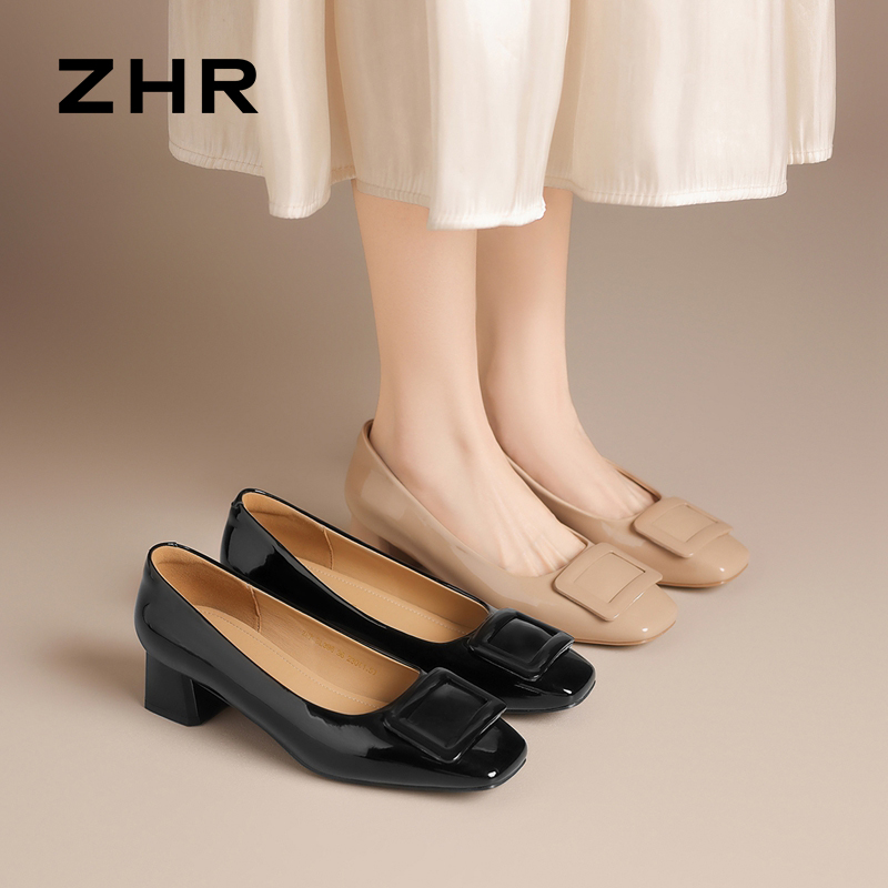 13145248.【ZHR则则】浅口方头套脚粗跟女鞋[镜面PU]