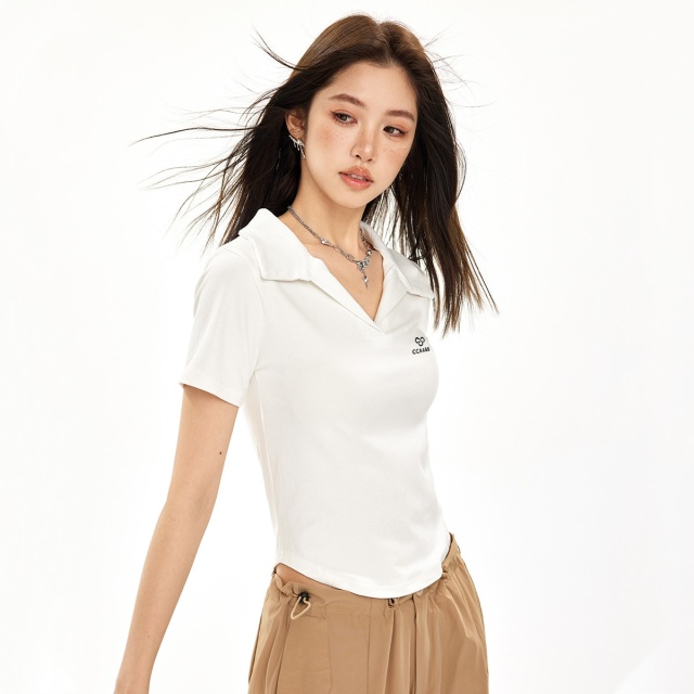 13714494.it ccaabb女装字母翻领T恤女士夏季辣妹风纯色上衣短袖