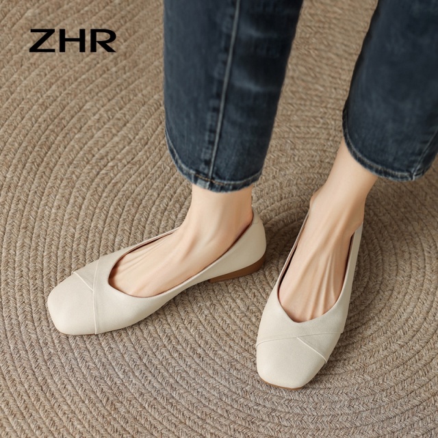 13145287.【ZHR则则】浅口方头套脚平底女鞋[牛剖层移膜革]
