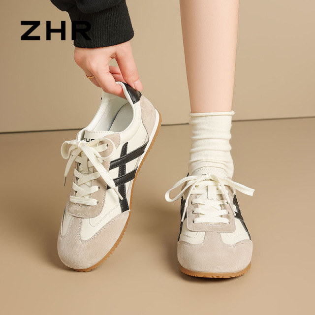13835950.【ZHR则则】德训鞋圆头系带撞色平底女鞋[超纤+头层猪皮]