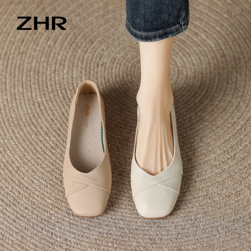13145287.【ZHR则则】浅口方头套脚平底女鞋[牛剖层移膜革]