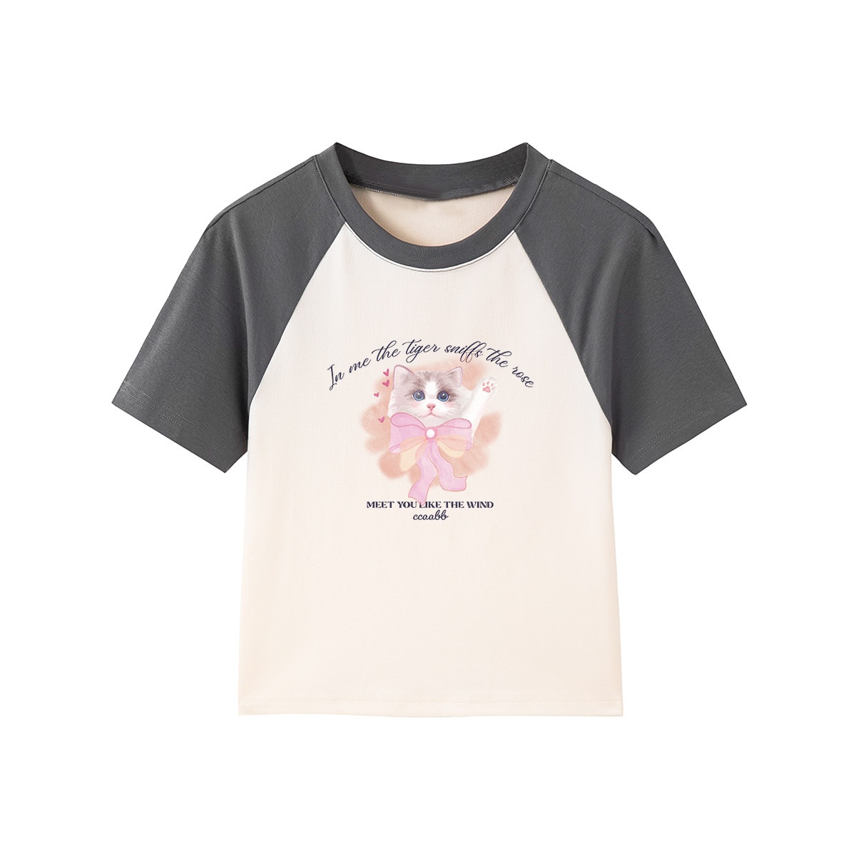 13714472.it ccaabb辣妹撞色T恤女夏季印花圆领可爱猫咪短袖上衣