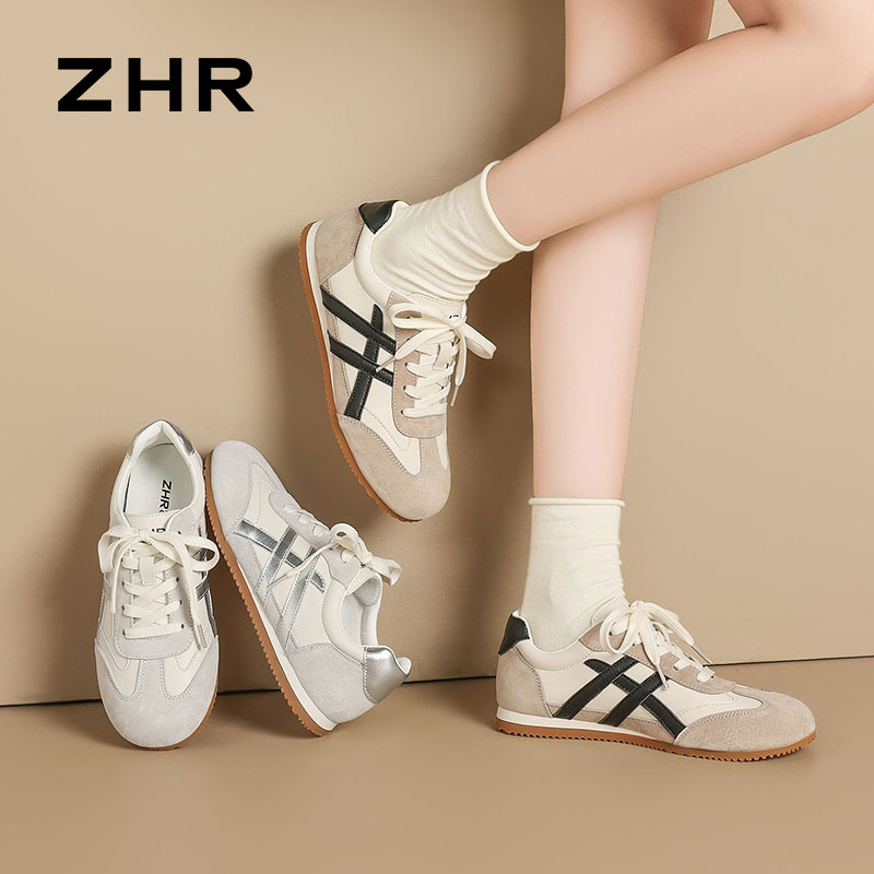 13835950.【ZHR则则】德训鞋圆头系带撞色平底女鞋[超纤+头层猪皮]