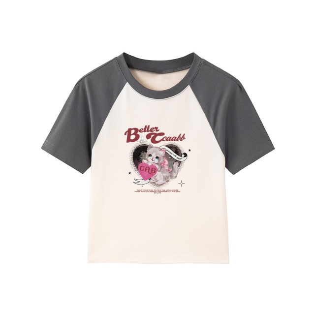 13714489.it ccaabb撞色辣妹T恤女夏季印花卡通猫咪爱心短袖上衣