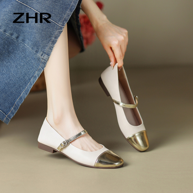 13145271.【ZHR则则】玛丽珍鞋圆头搭扣平底女鞋[牛剖层移膜革]