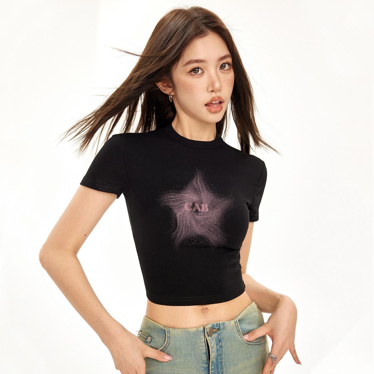 13714481.it ccaabb辣妹运动T恤女夏季星星印花性感不规则短袖女