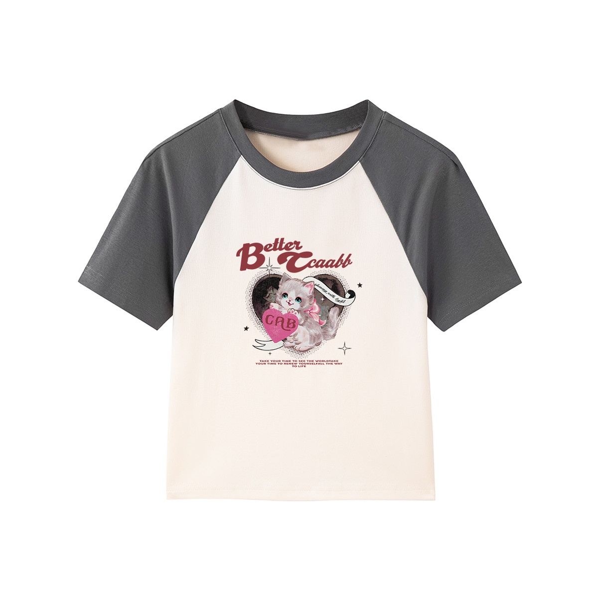 13714489.it ccaabb撞色辣妹T恤女夏季印花卡通猫咪爱心短袖上衣