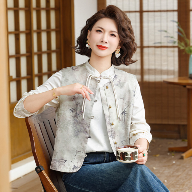 13146109.妈妈新中式马甲+长袖上衣两件套春秋衣服QXX829