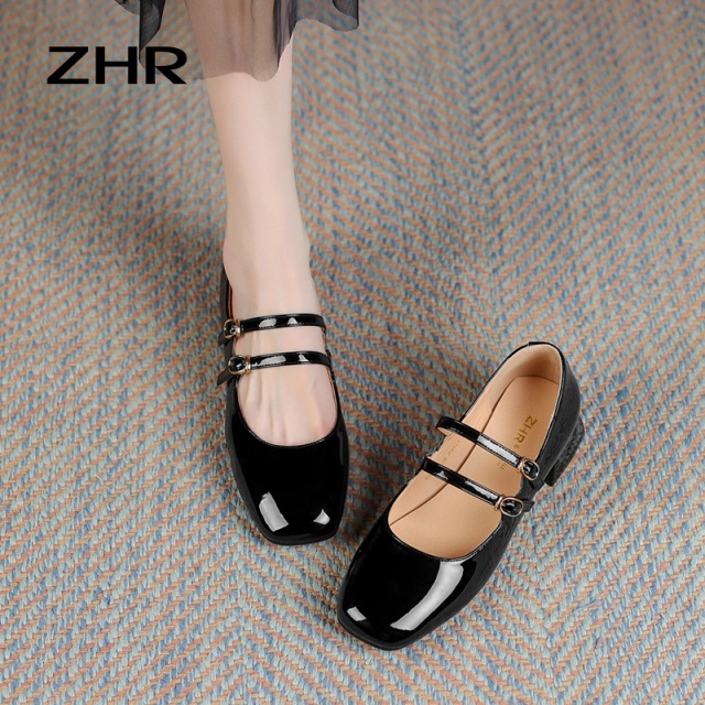 13145246.【ZHR则则】玛丽珍鞋方头搭扣粗跟女鞋[牛剖层移膜革]