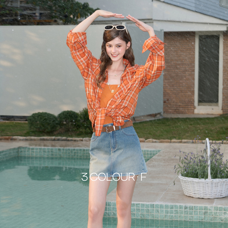 13147380.三彩独醒2026春季新款格纹衬衫口袋翻领宽松衬衣中长甜酷F