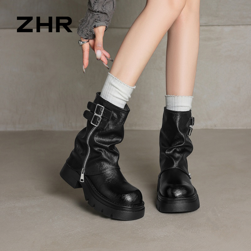 13845952.【ZHR则则】短靴套脚圆头厚底女鞋[PU]
