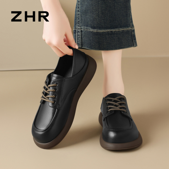 13146658.【ZHR则则】深口单鞋圆头系带厚底女鞋[牛剖层移膜革]
