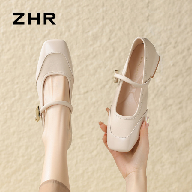 13146653.【ZHR则则】玛丽珍鞋方头套脚粗跟女鞋[PU]