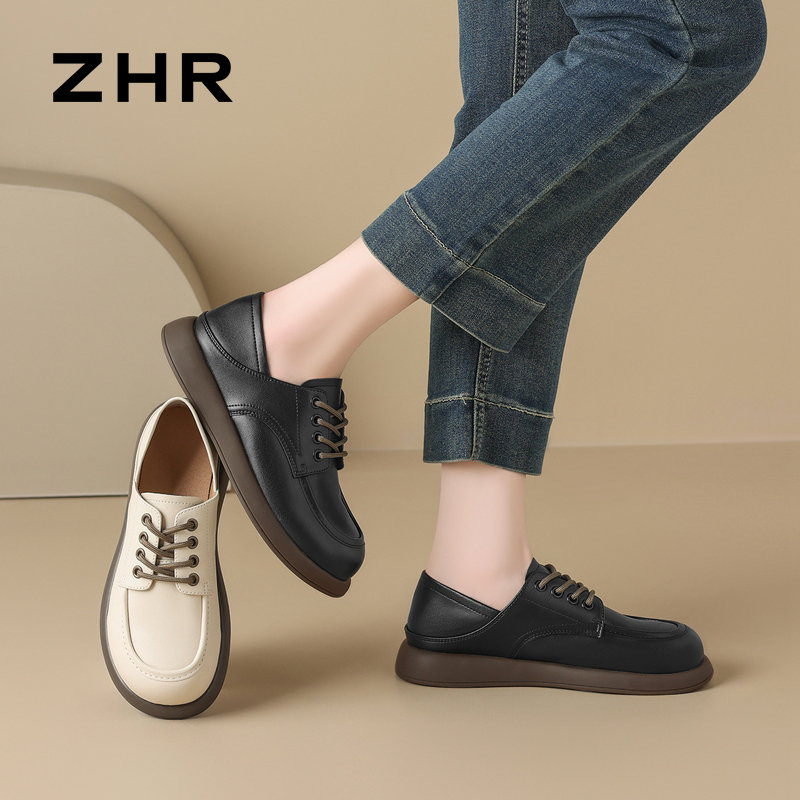 13146658.【ZHR则则】深口单鞋圆头系带厚底女鞋[牛剖层移膜革]
