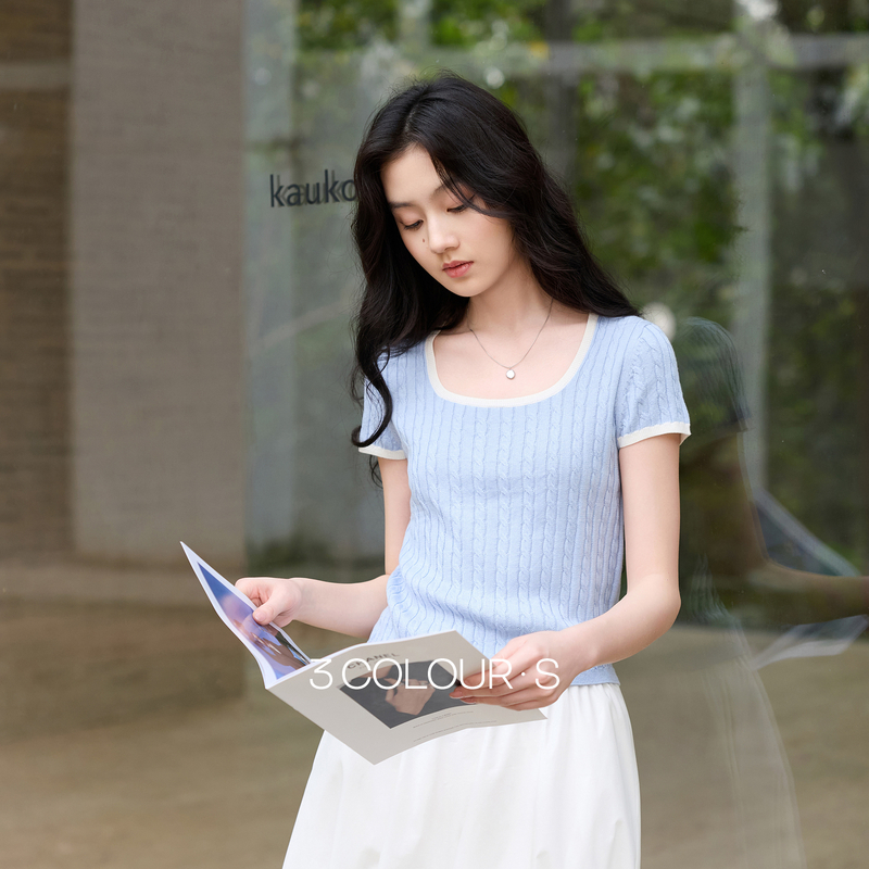 13146266.三彩2026春季新款绞花肌理圆领针织衫短袖毛衫短款套头上衣S
