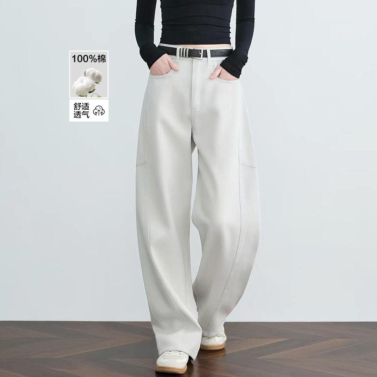 13155942.【氧气纯棉】春季弯刀企划都市立体分割水洗宽松显瘦牛仔裤女高级