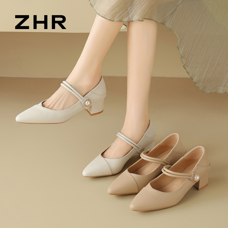 13146425.【ZHR则则】玛丽珍鞋尖头魔术贴粗跟女鞋[牛剖层移膜革]