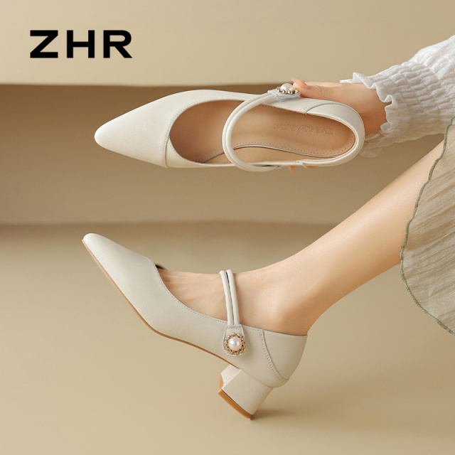 13146425.【ZHR则则】玛丽珍鞋尖头魔术贴粗跟女鞋[牛剖层移膜革]