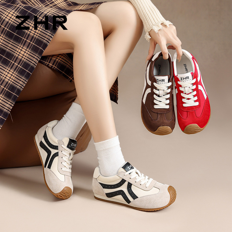 13844604.【ZHR则则】阿甘鞋圆头系带撞色平底女鞋[牛津布+猪巴戈+超纤]