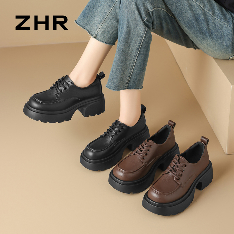 13844606.【ZHR则则】深口单鞋圆头厚底系带女鞋[头层牛皮]