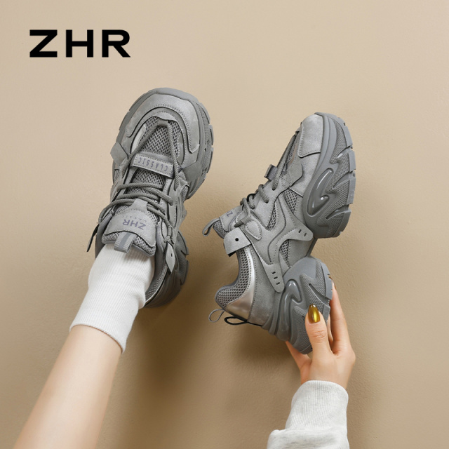 13148843.【ZHR则则】老爹鞋圆头系带厚底女鞋[PU+网布]