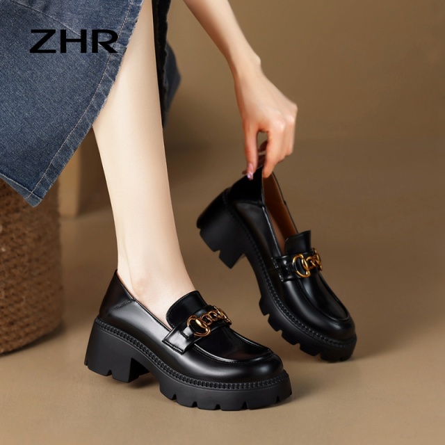 13148833.【ZHR则则】乐福鞋圆头套脚粗跟女鞋[牛剖层移膜革]