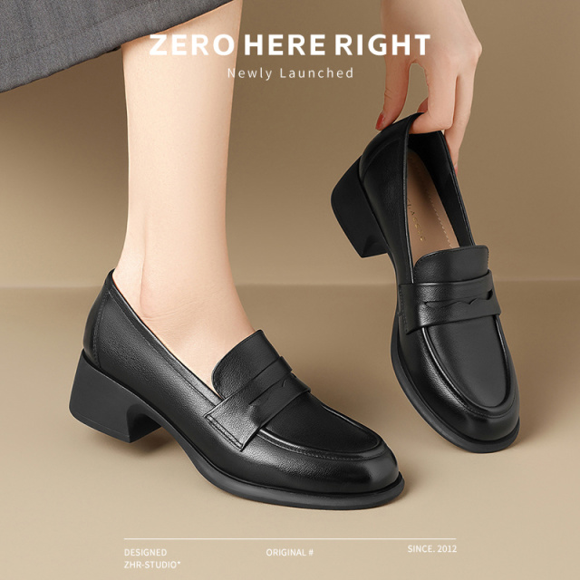 13148727.【ZHR则则】妈妈单鞋圆头套脚粗跟女鞋[头层牛皮]