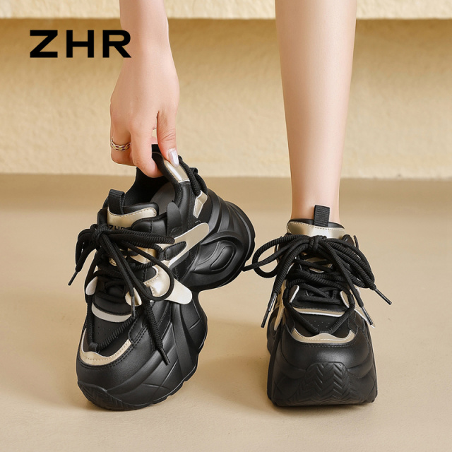 13844612.【ZHR则则】老爹鞋圆头系带厚底内增高女鞋[PU]