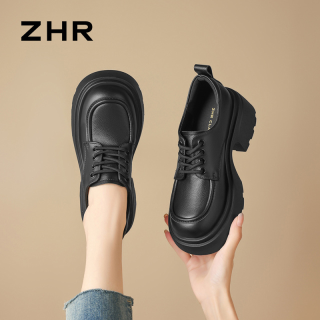 13844606.【ZHR则则】深口单鞋圆头厚底系带女鞋[头层牛皮]