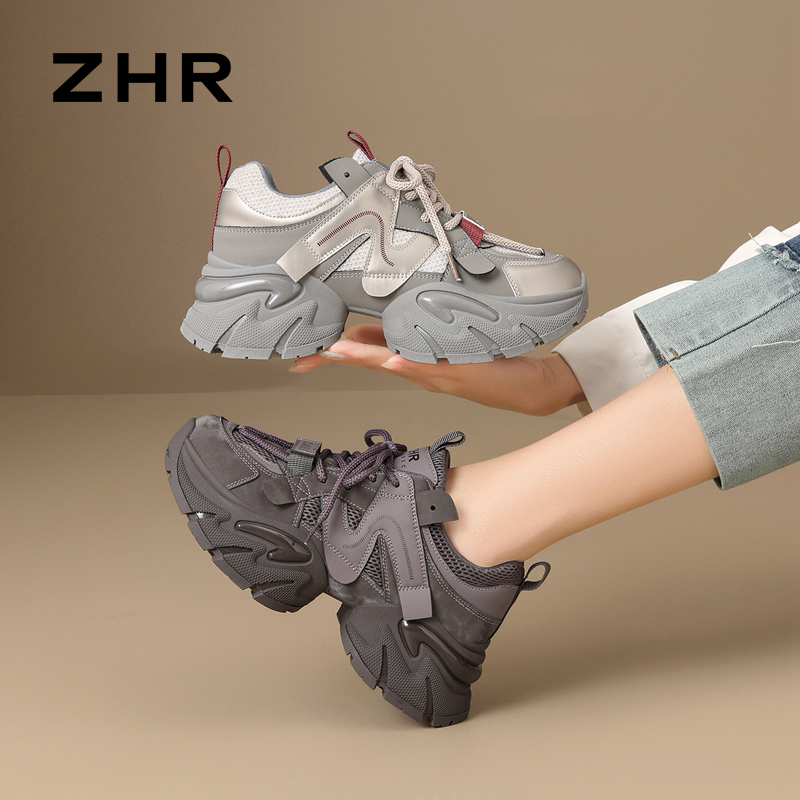 13148857.【ZHR则则】老爹鞋圆头系带厚底女鞋[PU+网布]