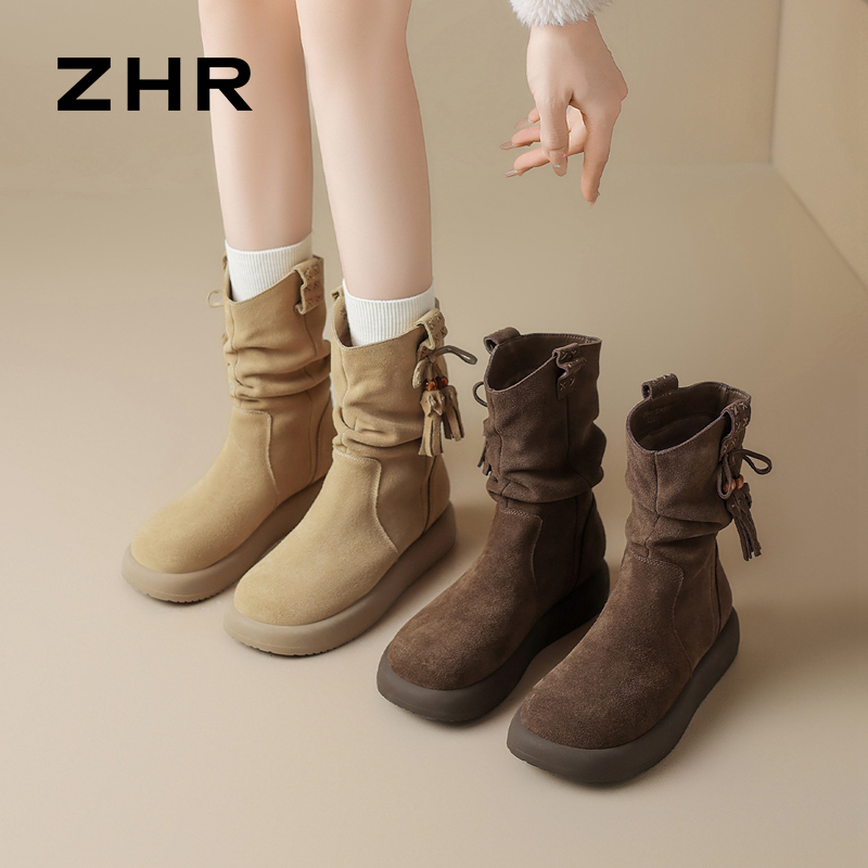 13148838.【ZHR则则】西部靴圆头套脚厚底女鞋[牛剖层绒面革]