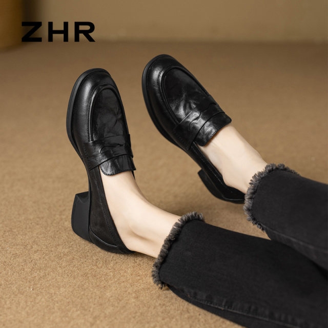 13148791.【ZHR则则】妈妈单鞋圆头套脚粗跟女鞋[头层羊皮]