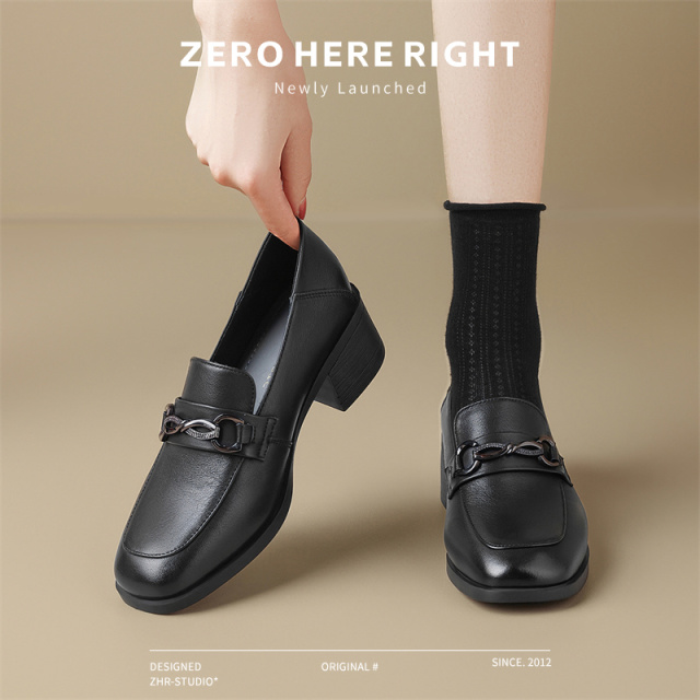 13148623.【ZHR则则】妈妈单鞋圆头套脚粗跟女鞋[头层牛皮]