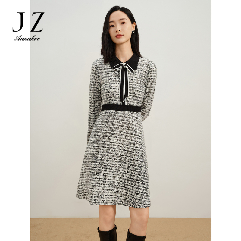 13148571.商场同款JZ玖姿摩登复古撞色连衣裙毛衫女秋季新款JWDQ31402