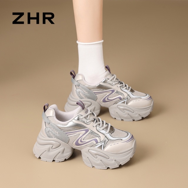 13835548.【ZHR则则】老爹鞋圆头拼接系带厚底女鞋[PU+网布+PVC]