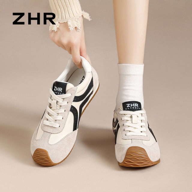 13844604.【ZHR则则】阿甘鞋圆头系带撞色平底女鞋[牛津布+猪巴戈+超纤]
