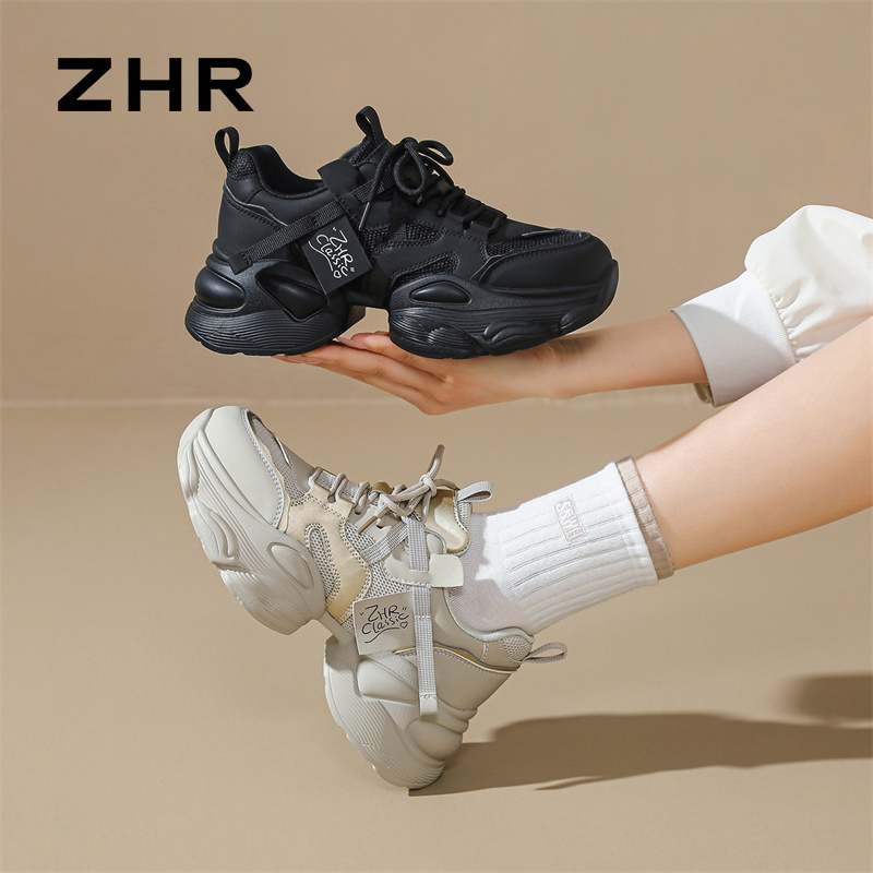 13148831.【ZHR则则】老爹鞋圆头系带厚底女鞋[PU+网布+牛剖层移膜革]