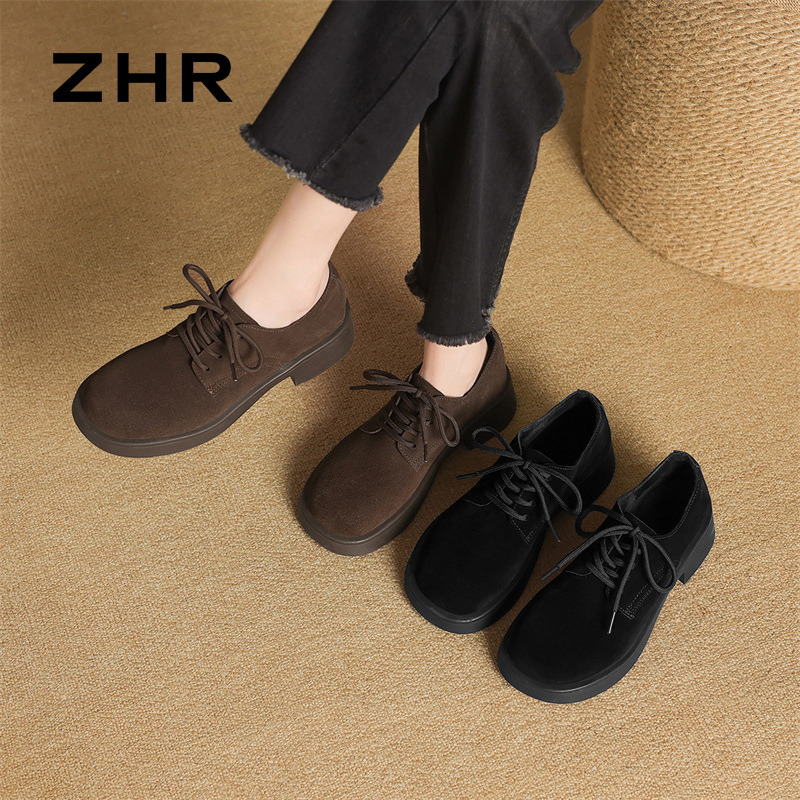13148822.【ZHR则则】深口单鞋圆头系带厚底女鞋[牛剖层绒面革]