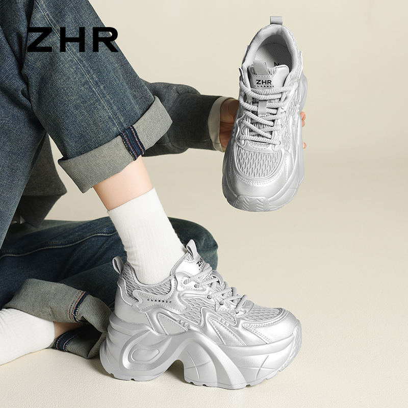 13148597.【ZHR则则】内增高老爹鞋圆头系带厚底女鞋[网布+PU+KPU]