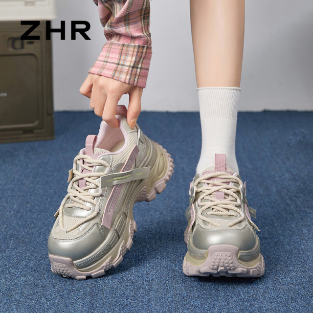 13148783.【ZHR则则】老爹鞋圆头系带厚底女鞋[PU+网布]